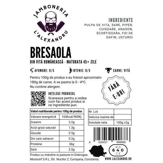Bresaola - Pastrama de vita feliata, plicuri de 100g