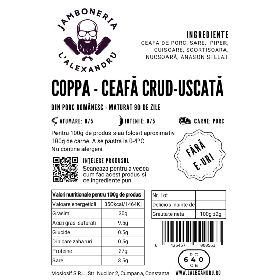 Coppa - ceafa de porc crud-uscata, 100g (feliat)