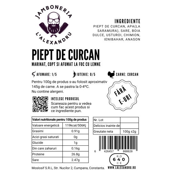 Piept de curcan, marinat si afumat (feliat), 100g