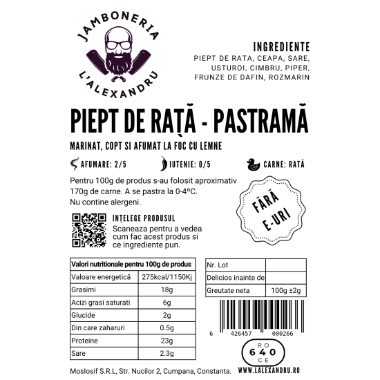 Pastrama din piept de rata(feliat), 100g