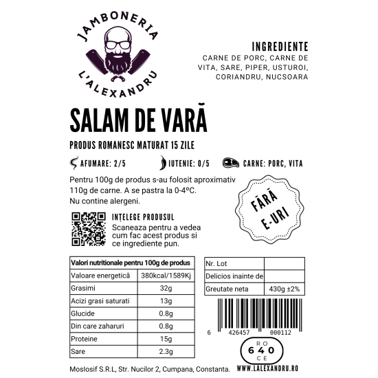 Salam de vara porc-vita, minim 400g