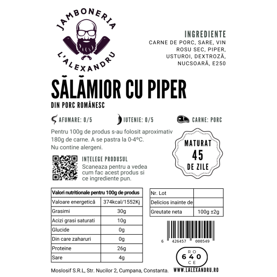 Salamior crud-uscat cu piper, baton de 275g