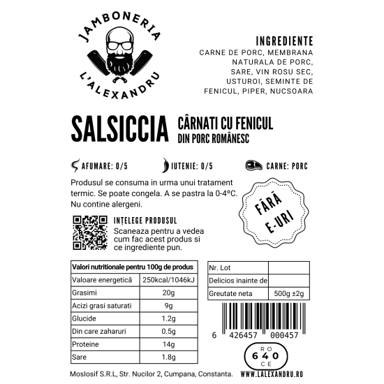 Salsiccia - Carnati proaspeti cu fenicul, 500g Salsiccia - Carnati proaspeti cu fenicul, 500g